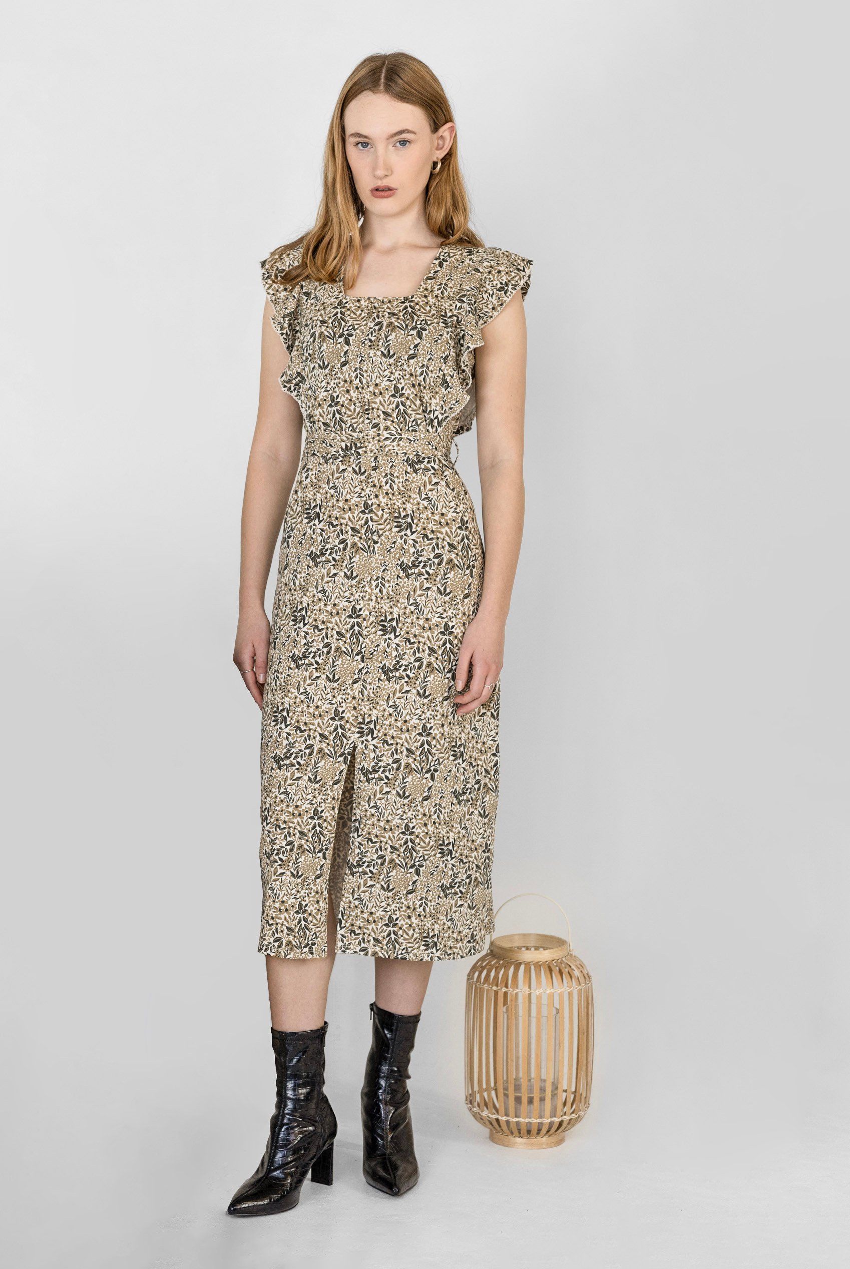Square Neck Tie Waist Jersey Dress With Frill Sleeve Detail