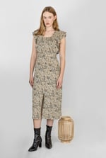 Square Neck Tie Waist Jersey Dress With Frill Sleeve Detail