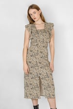 Square Neck Tie Waist Jersey Dress With Frill Sleeve Detail