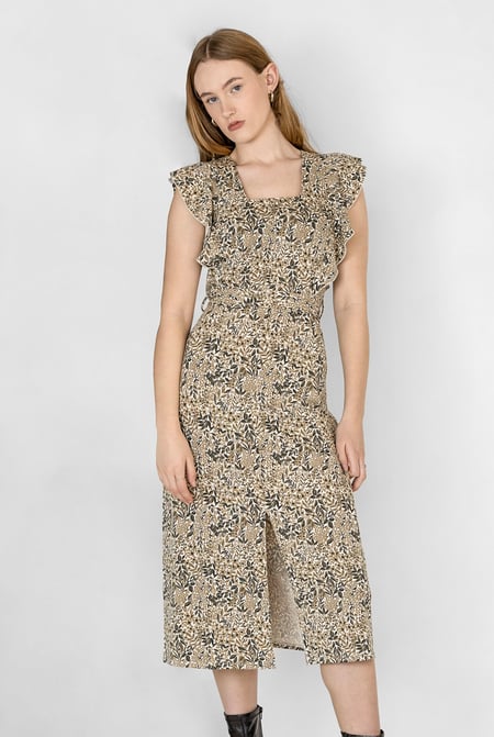 Brown Square Neck Tie Waist Jersey Dress With Frill Sleeve Detail