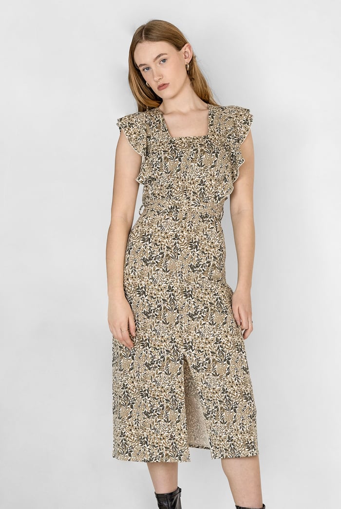 Square Neck Tie Waist Jersey Dress With Frill Sleeve Detail