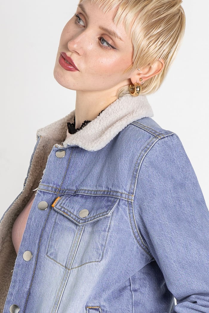 Blue Sherpa Borg Lined Regular Fit Denim Jacket