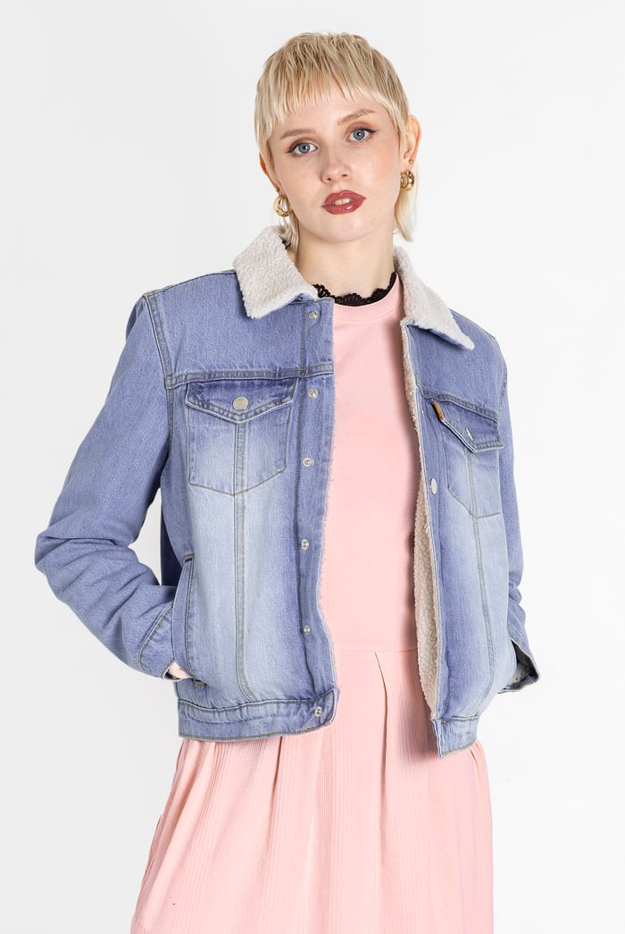 Blue Sherpa Borg Lined Regular Fit Denim Jacket