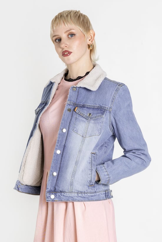 Blue Sherpa Borg Lined Regular Fit Denim Jacket