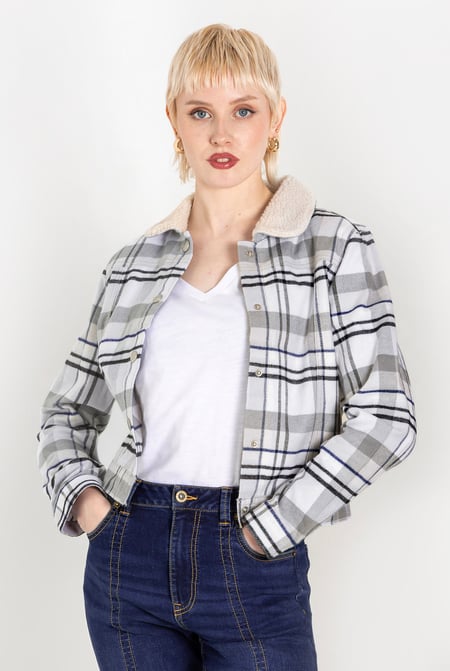 White Plaid Check Borg Collar Shacket