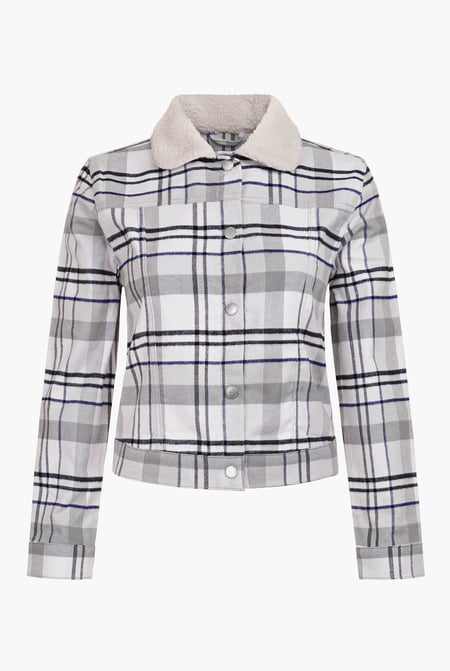 White Plaid Check Borg Collar Shacket