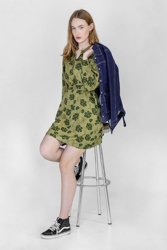 High Neck Green Floral Belted Mini Dress