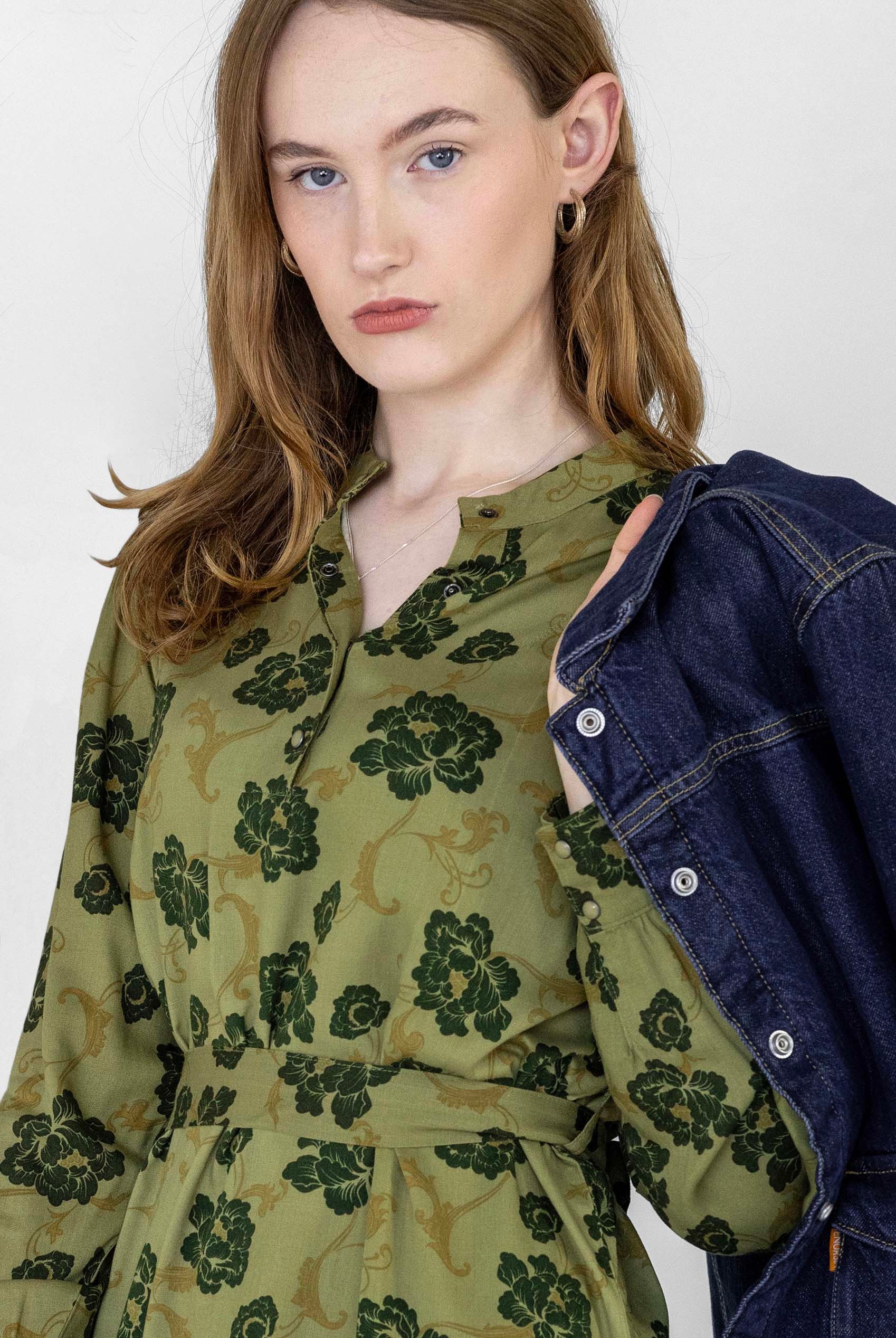 High Neck Green Floral Belted Mini Dress