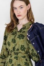 High Neck Green Floral Belted Mini Dress