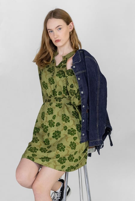 Green High Neck Green Floral Belted Mini Dress