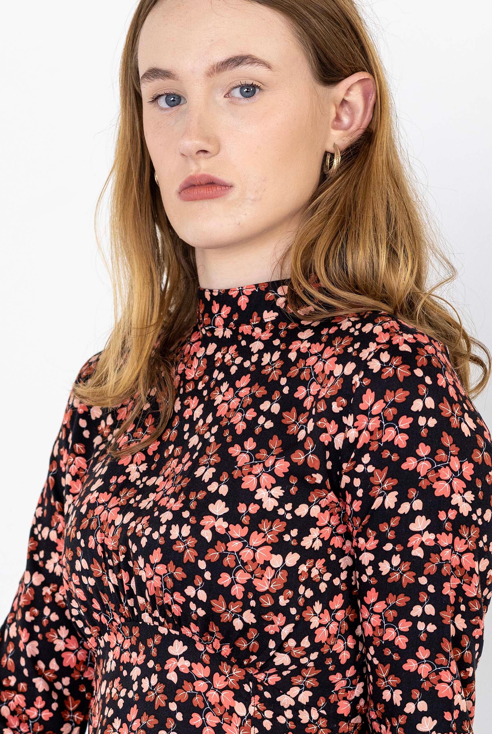 Dark Floral High Neck Ruched Midi Dress