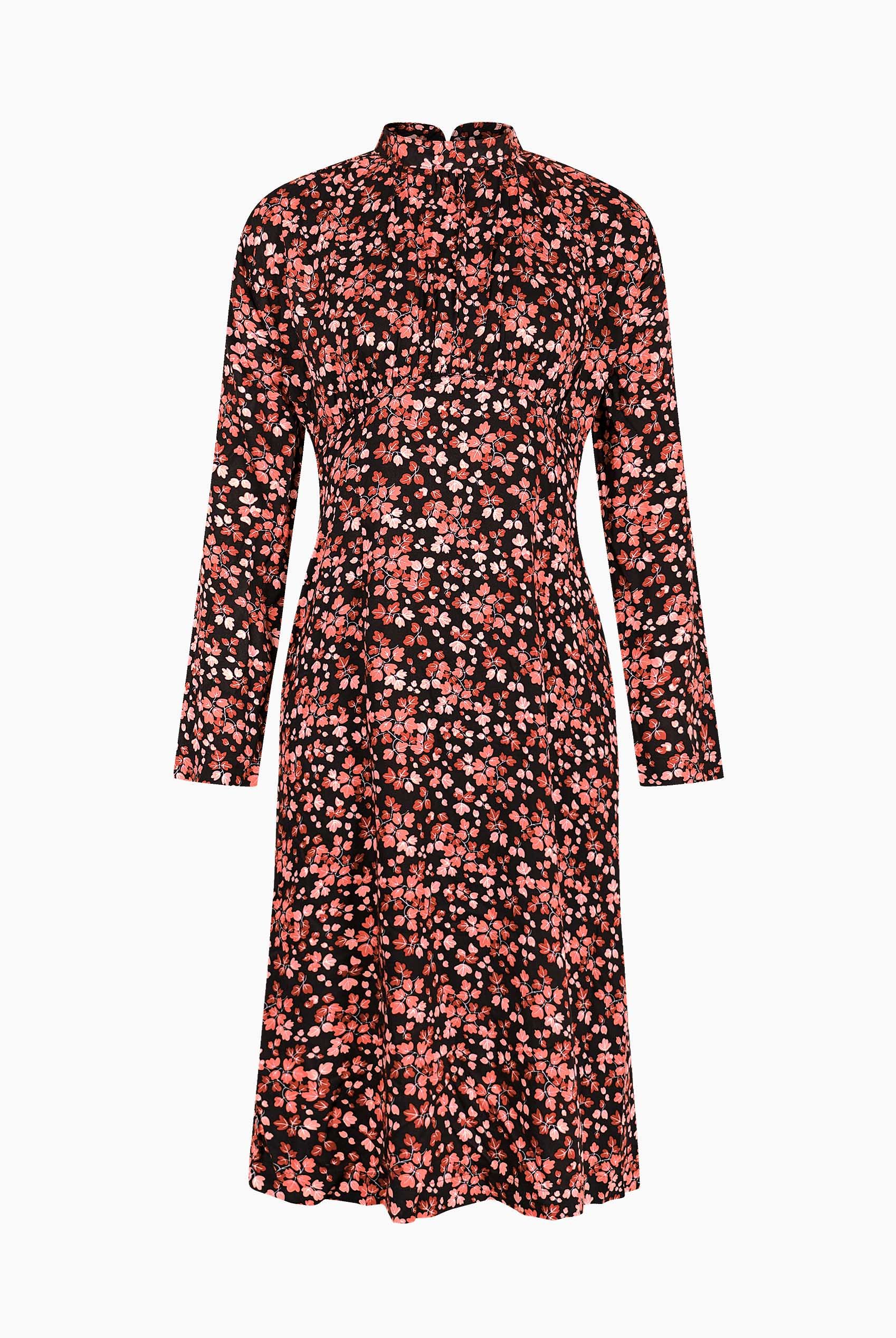 Dark Floral High Neck Ruched Midi Dress