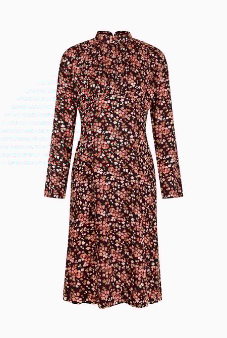 Black Dark Floral High Neck Ruched Midi Dress