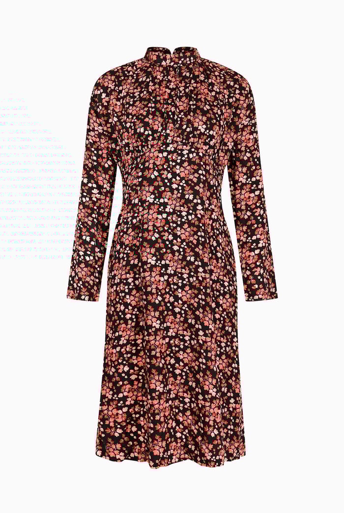 Dark Floral High Neck Ruched Midi Dress