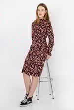 Dark Floral High Neck Ruched Midi Dress