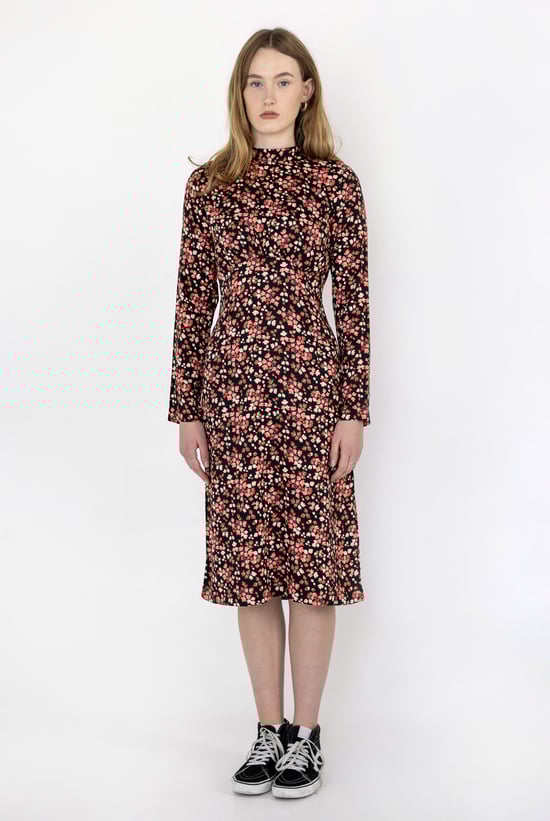 Dark Floral High Neck Ruched Midi Dress