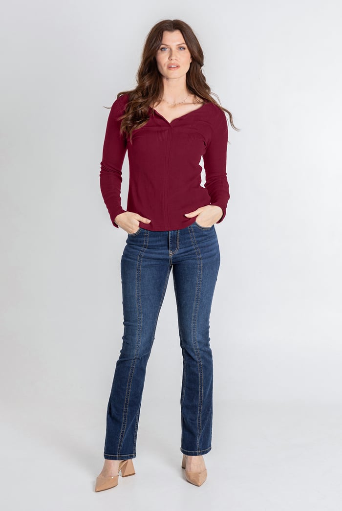 Scoop Neckline Long Sleeve Ribbed Top