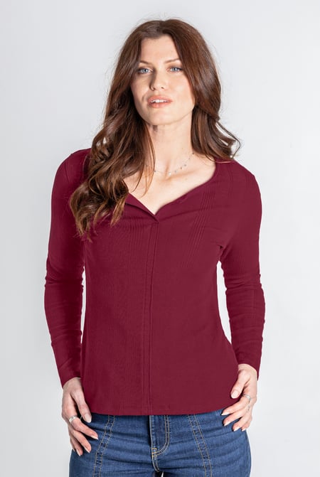 Brown Scoop Neckline Long Sleeve Ribbed Top