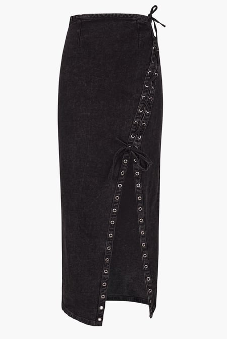 Black Black Denim Skirt With Asymmetric Lace Up Details