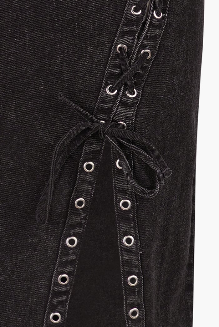 Black Denim Skirt With Asymmetric Lace Up Details