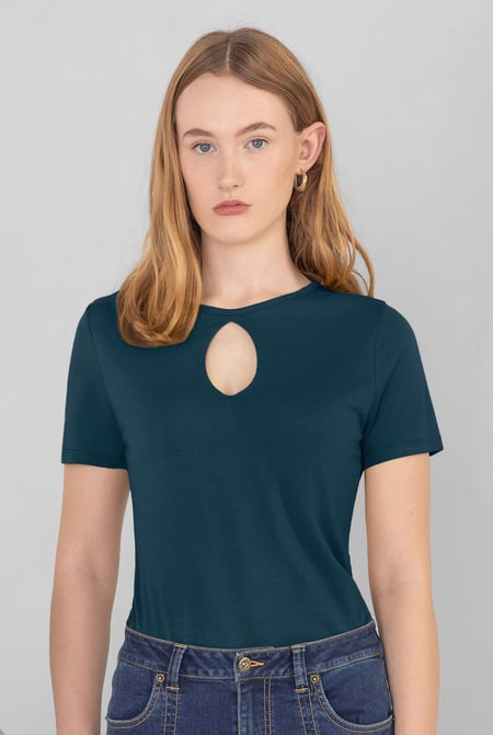 Green Key Hole Detail Short Sleeve Viscose Top