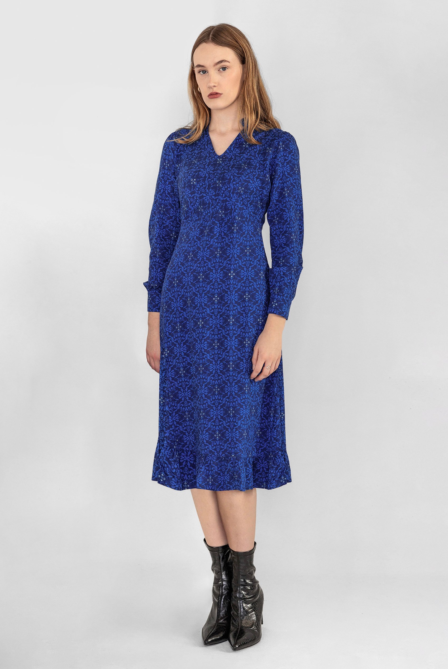 V-Neck Puff Sleeve Midi Dress