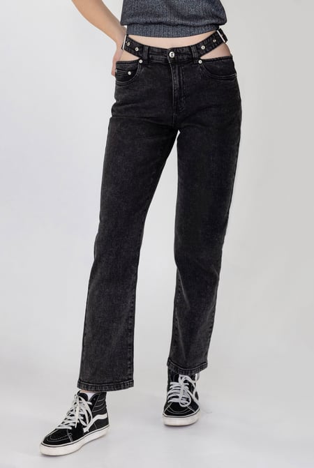 Black Wide-Leg Comfort Jeans With Waist Cut-Outs