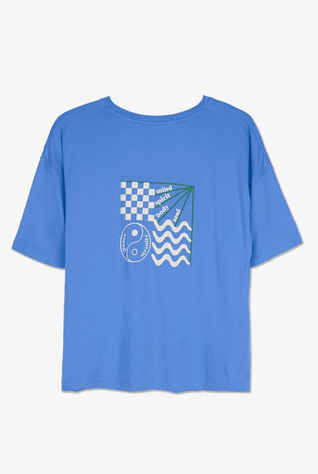 Blue Slogan Print Boxy Relaxed Fit T-Shirt