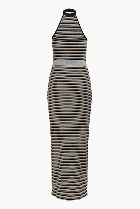 Brown Halter Neck Open Back Rib Long Dress