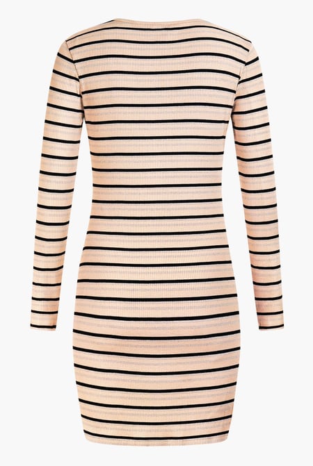 Cream Long Sleeve Rib Jersey V- Neck Mini Dress