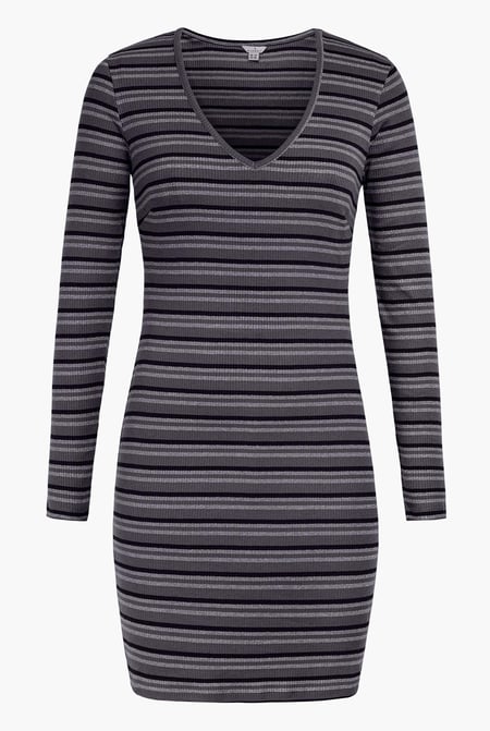 Grey Long Sleeve Rib Jersey V- Neck Mini Dress