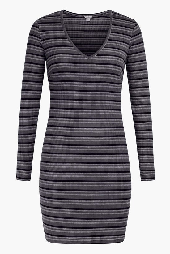 Grey Long Sleeve Rib Jersey V- Neck Mini Dress