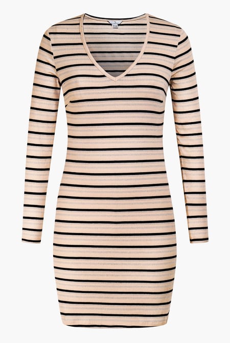 Grey Long Sleeve Rib Jersey V- Neck Mini Dress