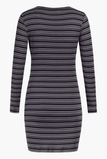 Grey Long Sleeve Rib Jersey V- Neck Mini Dress