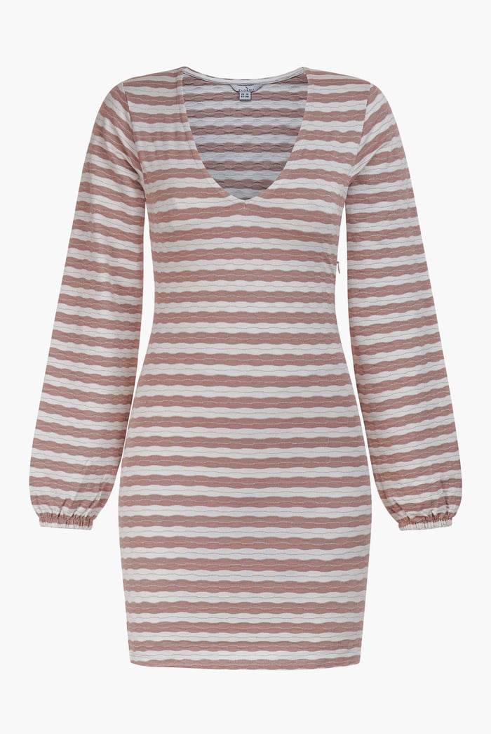 Metallic Silver V-Neck Long Sleeve Mini Dress