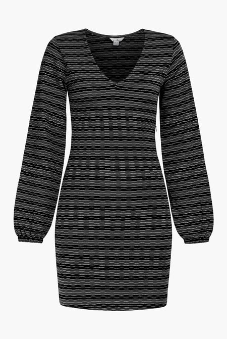 Black Metallic Silver V-Neck Long Sleeve Mini Dress