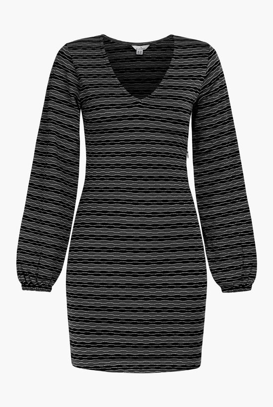 Metallic Silver V-Neck Long Sleeve Mini Dress