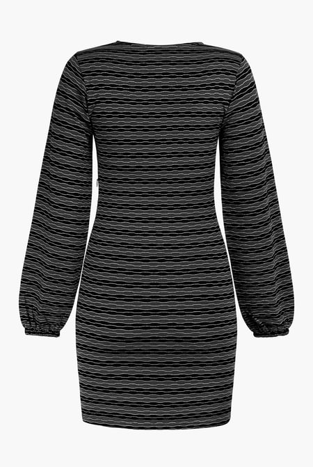 Black Metallic Silver V-Neck Long Sleeve Mini Dress