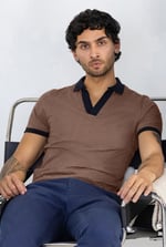Contrast V-Neck Collar Cotton Polo Shirt