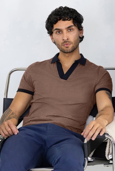 Brown Contrast V-Neck Collar Cotton Polo Shirt