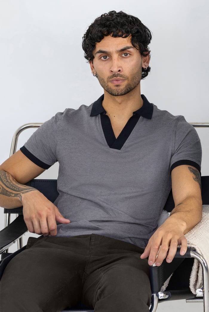 Contrast V-Neck Collar Cotton Polo Shirt