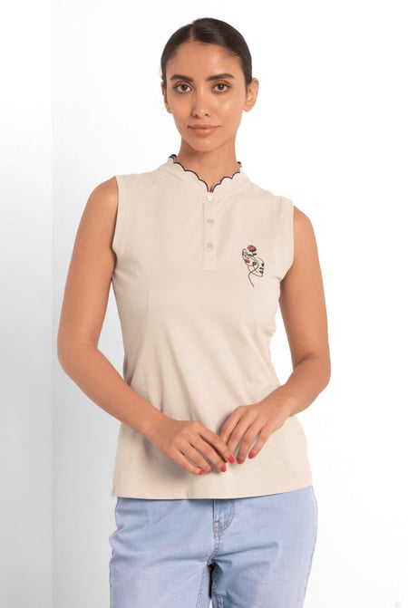 Womens Cream Regular Fit Sleeveless Pique Polo