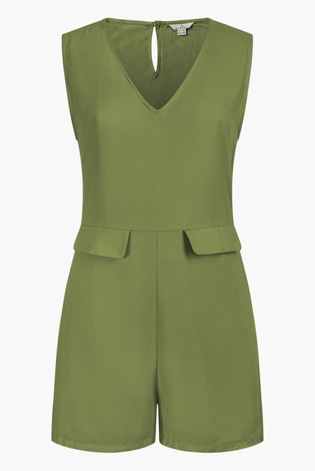 Green V-Neck Sleeveless Viscose Playsuit