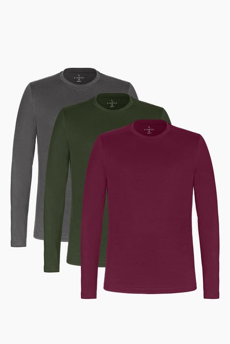 Grey/Olive/Maroon Regular Fit Crew Neck T-Shirt 3 Pack