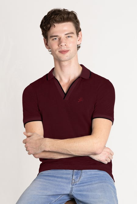 Red Regular Fit Ribbed V-Neck Polo Shirt