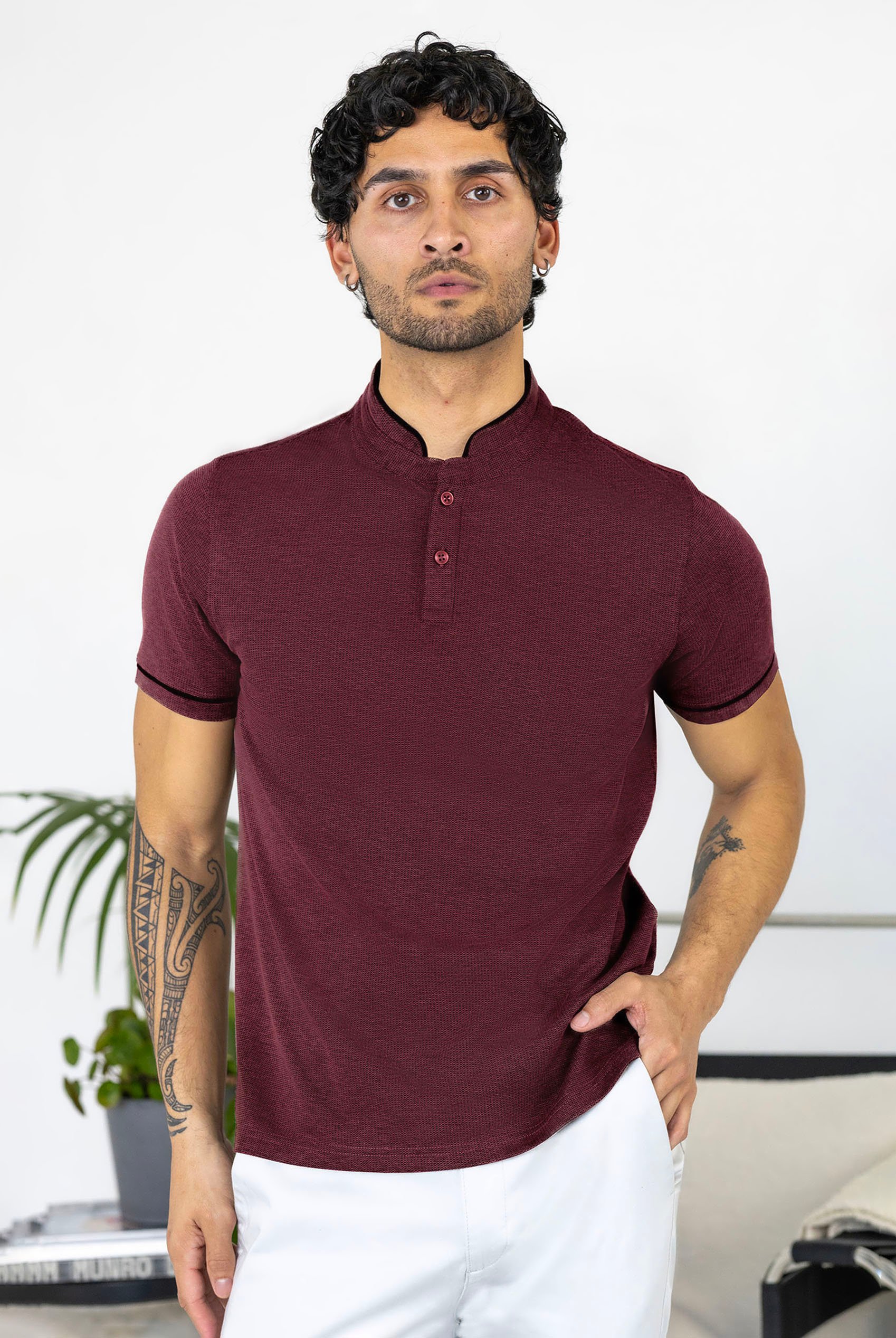 Band Collar Interlock Polo Shirt