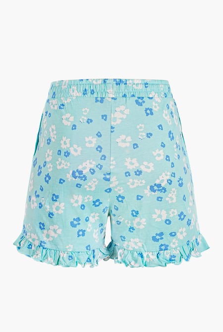 Womens Blue Ruffle Hem Printed Shorts