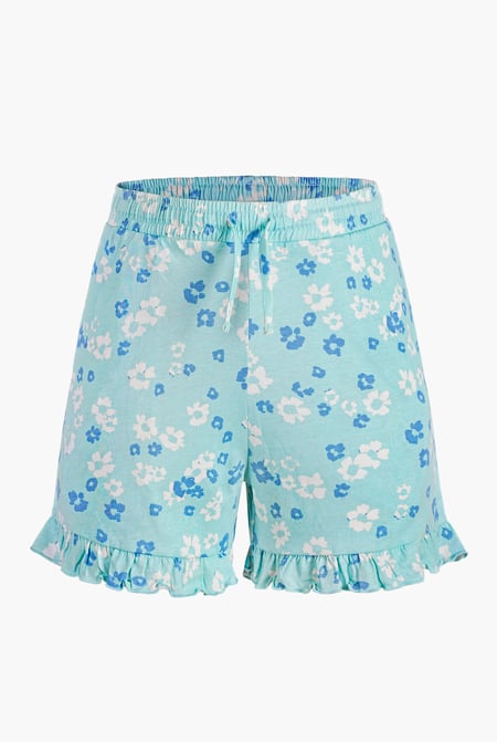 Womens Blue Ruffle Hem Printed Shorts