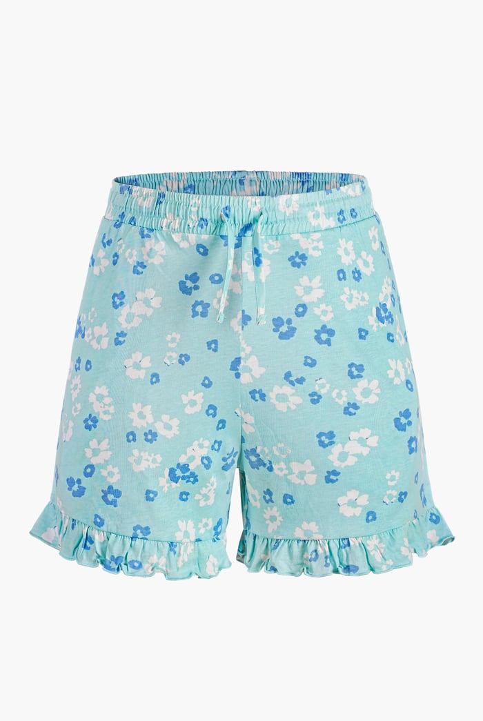 Womens Ruffle Hem Printed Shorts