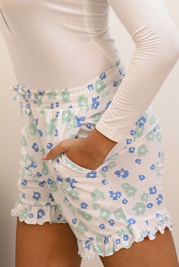 Womens Ruffle Hem Printed Shorts